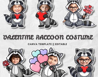 Valentine Raccoon Costume Kids | Add Your Own Face Photo Template | Valentine Animal Clipart | Editable Canva PNG