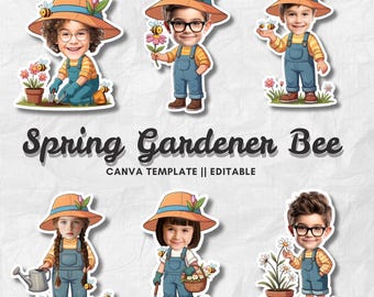 Spring Gardener with Bee | Add Your Own Face Photo Template | Garden Clipart | Personalized Cupcake Topper