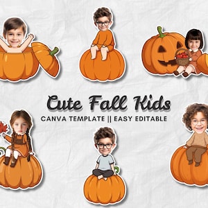 Puede incluir: Un conjunto de pegatinas de estilo caricatura que representan a niños con sus caras superpuestas en ilustraciones. Las pegatinas tienen un tema otoñal, con calabazas y hojas de otoño. El texto de la imagen dice "Cute Fall Kids" y "CANVA TEMPLATE || EASY EDITABLE."