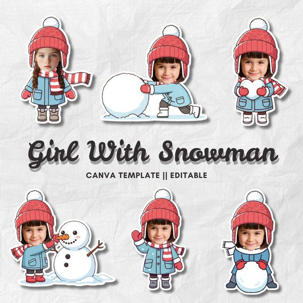 Girl With Snowman | Add Your Own Face Photo Template | Winter Christmas Clipart | Editable Canva PNG