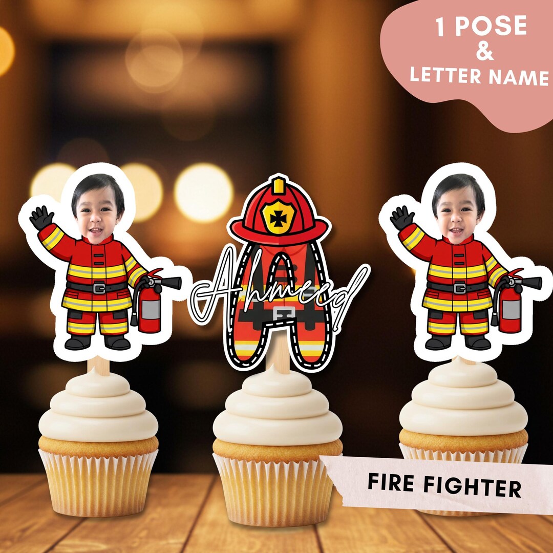Fire Fighter Topper Face Cupcake Topper Fire Fighter Kids, Add Your Photo, Fireman Birthday ...