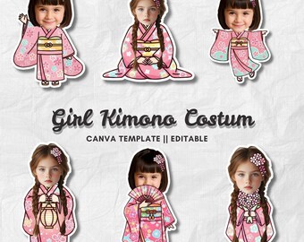 Girl Kimono Costume | Add Your Own Face Photo Template | Japanese Outfit Clipart | Editable Canva PNG