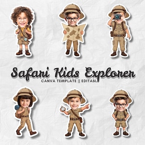 Op de afbeelding: Een verzameling cartoonstickers met kinderen gekleed als safari-ontdekkingsreizigers. Elk kind draagt een kaki outfit, een safarihoed en draagt ontdekkingsreizigersuitrusting zoals een kaart, camera of kompas. De tekst "Safari Kids Explorer" wordt weergegeven.
