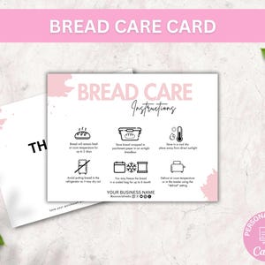 Plantilla de tarjeta de cuidado del pan, instrucciones editables para almacenar pan, insertos para pan de masa madre, elegante guía de cuidado de panadería, nota imprimible