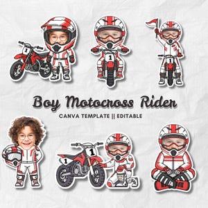 May include: A collection of stickers featuring a boy in a motocross racing suit and helmet. The stickers show the boy with a red and black dirt bike, and in various poses. Text on the stickers reads "Boy Motocross Rider" and "CANVA TEMPLATE || EDITABLE."