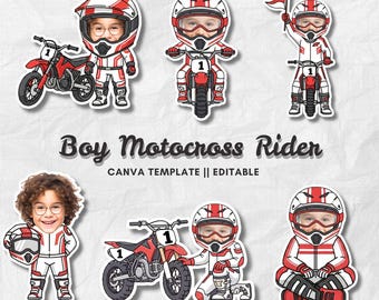 Boy Motocross Rider | Add Your Own Face Photo Template | Editable Canva PNG | Dirt Bike Clipart for Kids