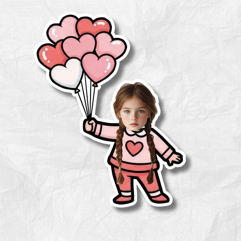 May include: A sticker featuring a young girl holding heart-shaped balloons. The girl wears a pink outfit with a heart design. The balloons are various shades of pink and white, with black outlines. The sticker has a white border.