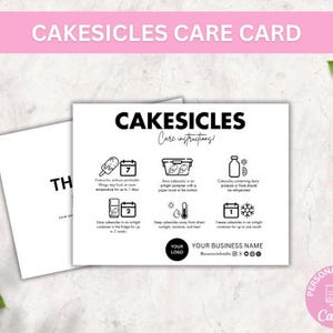 Modello di scheda di cura Cakesicles, istruzioni modificabili per la guida alla cura di Cakesicle, cura di lecca-lecca di torta stampabili, inserto per imballaggio di prodotti da forno eleganti