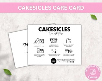 Plantilla de tarjeta de cuidado de Cakesicles, guía de cuidado editable de Cakesicles, cuidado de piruletas de pastel imprimibles, elegante inserto de empaque de panadería