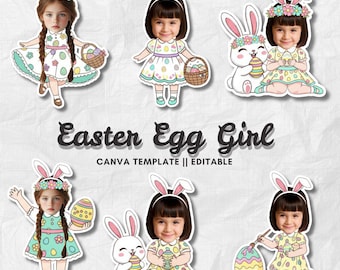 Easter Egg Girl | Add Your Own Face Photo Template | Spring Bunny Clipart | Editable Canva PNG