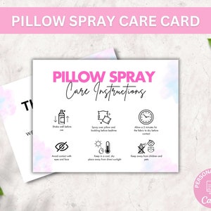 Bewerkbare kaartsjabloon kussenspray, verzorgingsgids slaapnevel, linnenverfrisserspray veiligheidsinstructies, afdrukbare waarschuwing spray spray