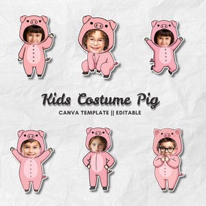 Puede incluir: Seis disfraces de cerdo rosas para niños, cada uno con la cara de un niño visible. Los disfraces tienen una capucha con forma de cara de cerdo y un diseño de cuerpo completo. También está presente el texto "Kids Costume Pig" y "CANVA TEMPLATE || EDITABLE".