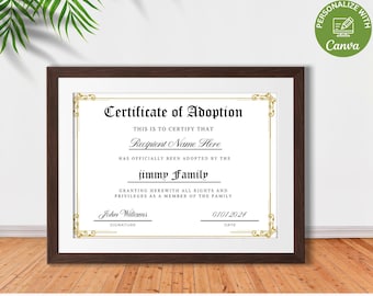 Certificate Of Adoption Template, Editable Child Adoption Certificate, Printable Family Adoption Certificate, Custom Canva Template