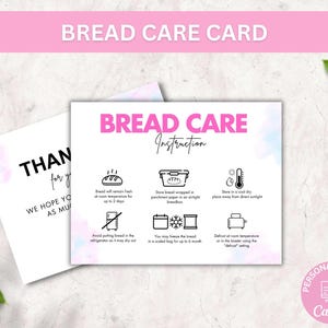 Plantilla de tarjeta de cuidado del pan, instrucciones editables para almacenar pan, insertos para pan de masa madre, elegante guía de cuidado de panadería, nota imprimible