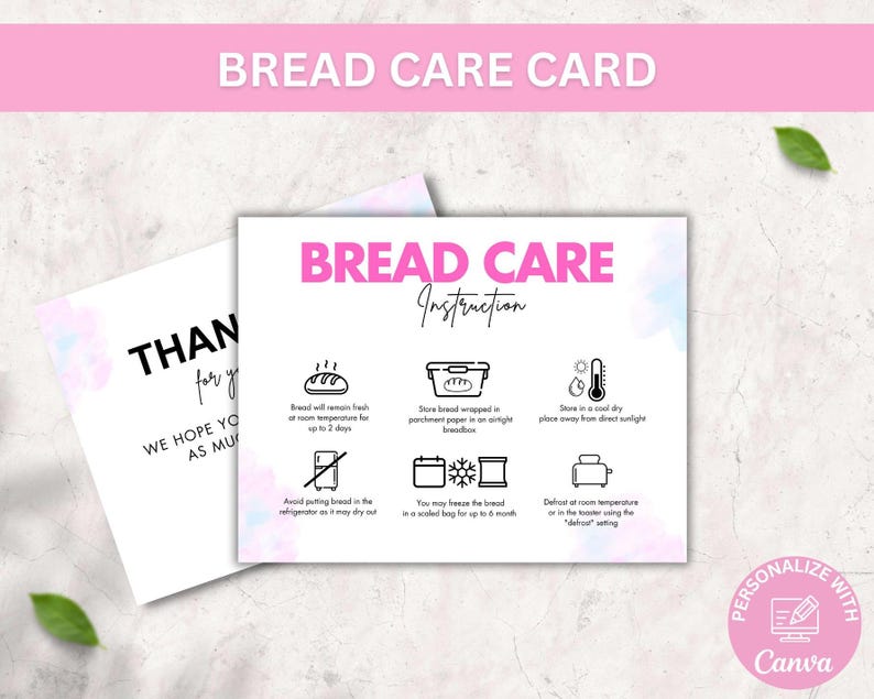 Bread Care Card Template, Editable Loaf of Bread Storage Instructions