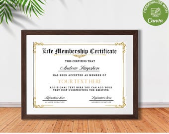 Editable Certificate Of Life Membership, Printable Life Membership Certificate Template, Custom Certificate Of Life Canva Template
