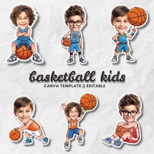 Basketbarn | Lägg till ditt eget ansikte fotomall | Basketspelare clipart | Redigerbar Canvas PNG