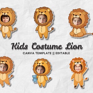 Puede incluir: Seis ilustraciones de disfraces de león para niños. Cada disfraz presenta la cara de un niño dentro de una cabeza de león, con un cuerpo marrón y una cola. El texto "Kids Costume Lion" se muestra en una fuente juguetona, con "CANVA TEMPLATE || EDITABLE" debajo.
