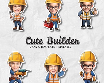 Cute Builder | Add Your Own Face Photo Template | Construction Kids Clipart | Editable Canva PNG