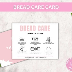Plantilla de tarjeta de cuidado del pan, instrucciones editables para almacenar pan, insertos para pan de masa madre, elegante guía de cuidado de panadería, nota imprimible
