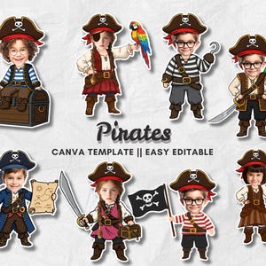 May include: A collection of cartoon pirate character cutouts. Each pirate wears a brown hat with a skull and crossbones, and various outfits. Some hold swords, parrots, treasure maps, and a pirate flag. The text "Pirates" and "CANVA TEMPLATE || EASY EDITABLE" are also visible.