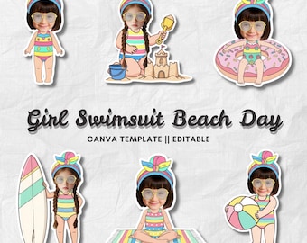 Girl Swimsuit Beach Day | Add Your Face Photo | Summer Kids Clipart | Editable Template PNG | Beach Party Art