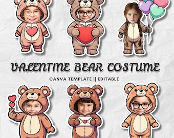 Valentine Bear Costume Kids | Add Your Own Face Photo Template | Valentine Animal Clipart | Editable Canva PNG