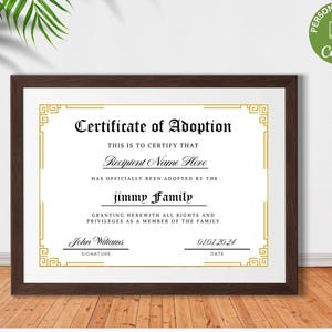 Modello di certificato di adozione, certificato di adozione di un bambino modificabile, certificato di adozione familiare stampabile, modello Canva personalizzato