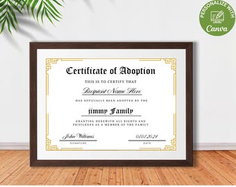 Certificate Of Adoption Template, Editable Child Adoption Certificate, Printable Family Adoption Certificate, Custom Canva Template