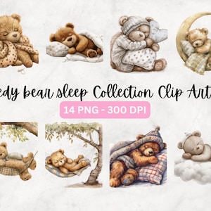 Watercolor Sleeping Teddy Bears Collection Clipart, 14 PNG Cute Teddy Bear On The Moon Clipart, Boho Teddy Bear Clipart, Commercial Use