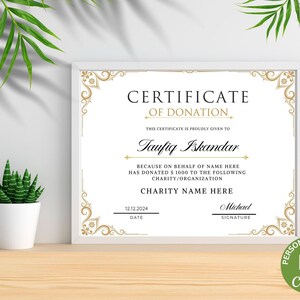 Plantilla de certificado de donación, certificado de donación editable, certificado de regalo de donación benéfica imprimible, plantilla de Canva.