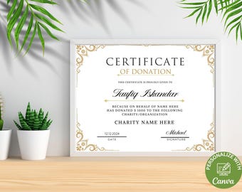 May include: A white certificate of donation with gold accents. The certificate is for Taufiq Iskandar for donating $1000 to CHARITY NAME HERE. The date is 12.12.2024 and the signature is Michael.