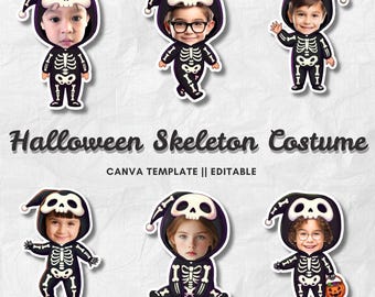 Halloween Skeleton Costume Kid Add Your Face Template | Editable Canva Photo | Spooky Party Decor