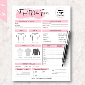 Fillable T-Shirt Order Form Template, Editable Shirt Order Form, PDF, Small Business Forms, Printable, Digital File, Instant Download
