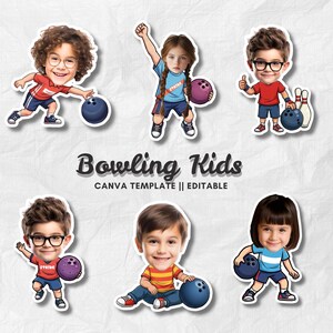May include: A collection of cartoon stickers featuring children bowling. Each sticker shows a child with a bowling ball or pins. The text "Bowling Kids" is displayed in a stylized font, with "CANVA TEMPLATE || EDITABLE" below.