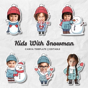 May include: A collection of sticker designs featuring children with snowmen. The children are wearing winter hats, scarves, and coats. The text "Kids With Snowman" and "CANVA TEMPLATE || EDITABLE" are also present.