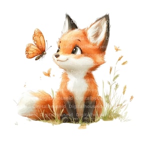 12 vos en vlinder clipart, schattige vos baby, afdrukbare aquarel clipart, hoge kwaliteit jpg's, digitale download, Paper Craft, ongewenste tijdschriften