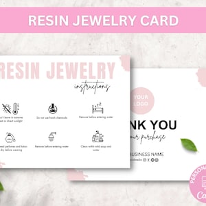Plantillas de tarjetas para el cuidado de joyas de resina, instrucciones de cuidado de resina en miniatura para imprimir, insertos editables para el cuidado de joyas, tarjetas para paquetes de joyas