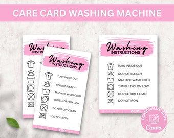 May include: White care cards with pink accents display washing instructions. The cards feature the text "Washing Instructions" in black script above a series of laundry symbols and instructions. The cards also include the text "Turn inside out" and "Do not bleach."