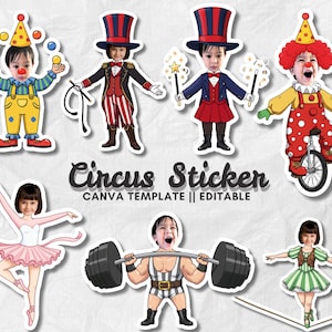 Puede incluir: Un conjunto de pegatinas con temática de circo que muestran a niños disfrazados de payaso, maestro de ceremonias, mago y otros artistas de circo. Las pegatinas incluyen el texto "Circus Sticker" y "CANVA TEMPLATE || EDITABLE".