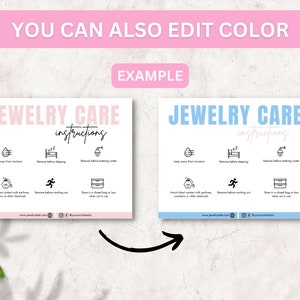 May include: Two examples of a jewelry care instructions card. The card is pink with black text and icons on the left and blue with black text and icons on the right. The text on the card reads "Jewelry Care Instructions". The icons include a water drop, a sleeping person, a faucet, a perfume bottle, a running person, and a dresser drawer.