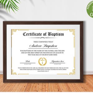 Plantilla de certificado de bautismo editable, certificado de bautismo imprimible, certificados de bautismo de bebé personalizados, plantilla de iglesia de Canva