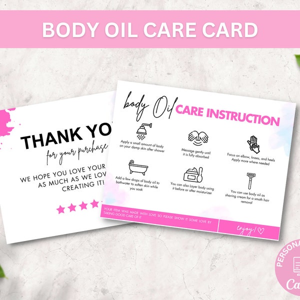 Editable Body Oil Care Card Template, Minimal Skin Oil Application Guide, Printable Dry Body Oil Customer Instructions