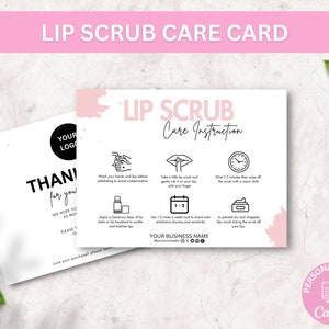 Bewerkbare kaartsjabloon lippenscrub, verzorgingsgids lippensuikerscrub, afdrukbare exfoliërende balsem, klantinstructies, hoe lippenscrub te gebruiken