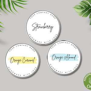 Modelo de rótulo de sabor editável, rótulos de produtos com nomes de aromas, rótulos personalizados de sabores de alimentos, adesivos modernos para bolo redondo