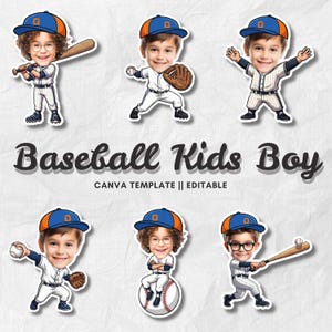 Pode incluir: Uma coleção de adesivos de desenhos animados com um menino em várias poses de beisebol. O menino usa um boné de beisebol azul e laranja e um uniforme branco. O texto "Baseball Kids Boy" e "CANVA TEMPLATE || EDITABLE" também está presente.