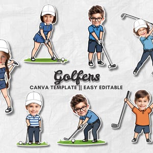 Può includere: Una collezione di golfisti dei cartoni animati in varie pose, ognuno con una mazza da golf. I golfisti indossano abbigliamento da golf, tra cui cappelli, polo e pantaloncini. È presente anche il testo "Golfers" e "CANVA TEMPLATE || EASY EDITABLE".