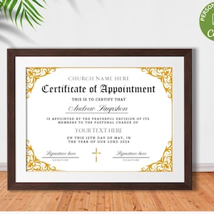 Editable Appointment Certificate, Printable Bishop Pastor Appointed Certificate, Church Certificates, DIY Religious Canva Template