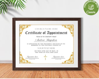 Editable Appointment Certificate, Printable Bishop Pastor Appointed Certificate, Church Certificates, DIY Religious Canva Template