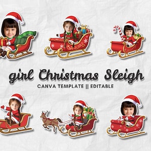 May include: A collection of six Christmas-themed digital stickers featuring a young girl in a Santa hat and red outfit riding in a red sleigh. The text "girl Christmas Sleigh" is displayed below the images.